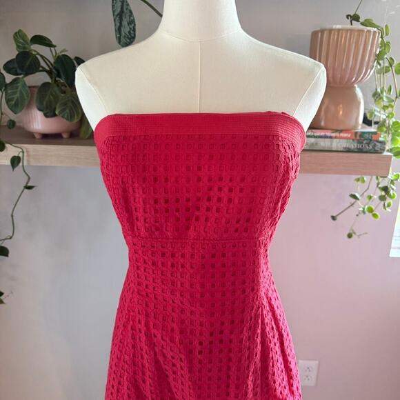 White House Black Market Hot Pink Strapless Eyelet Dress 6 Cotton Cocktail Party - Picture 3 of 7